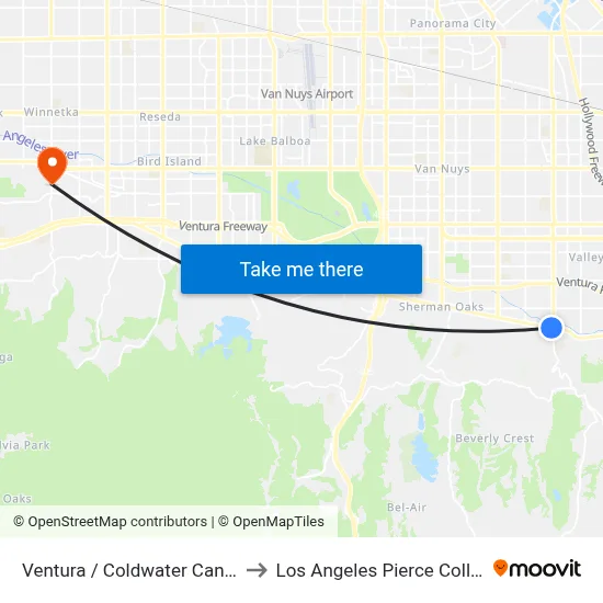 Ventura / Coldwater Canyon to Los Angeles Pierce College map
