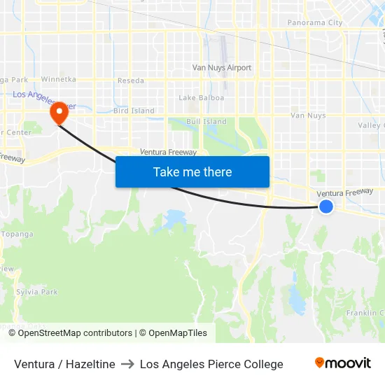 Ventura / Hazeltine to Los Angeles Pierce College map