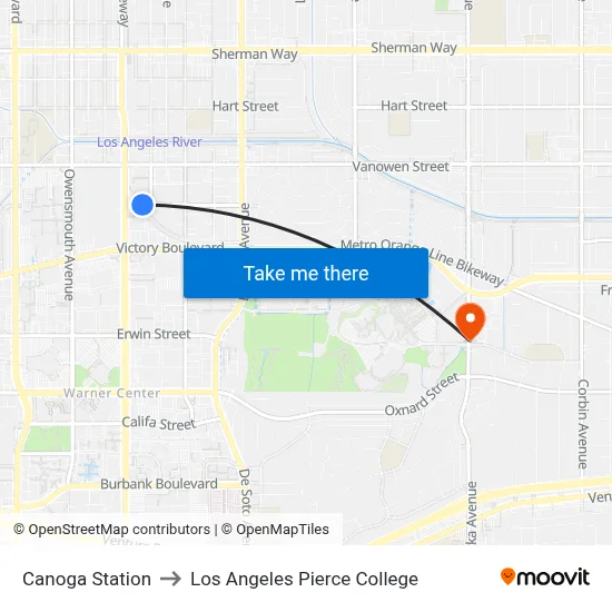 Canoga Station to Los Angeles Pierce College map