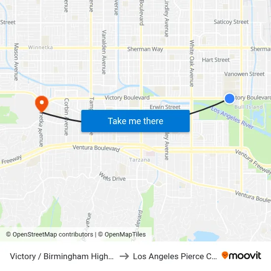 Victory / Birmingham High School to Los Angeles Pierce College map