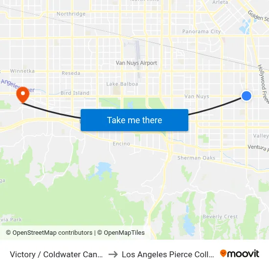 Victory / Coldwater Canyon to Los Angeles Pierce College map