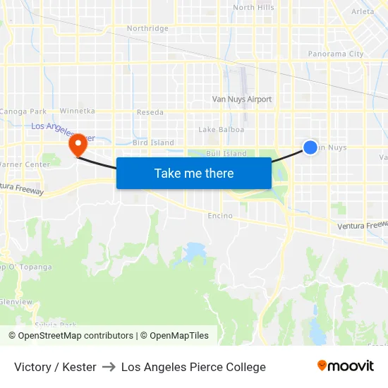 Victory / Kester to Los Angeles Pierce College map