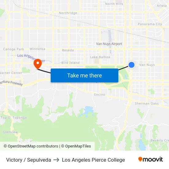 Victory / Sepulveda to Los Angeles Pierce College map