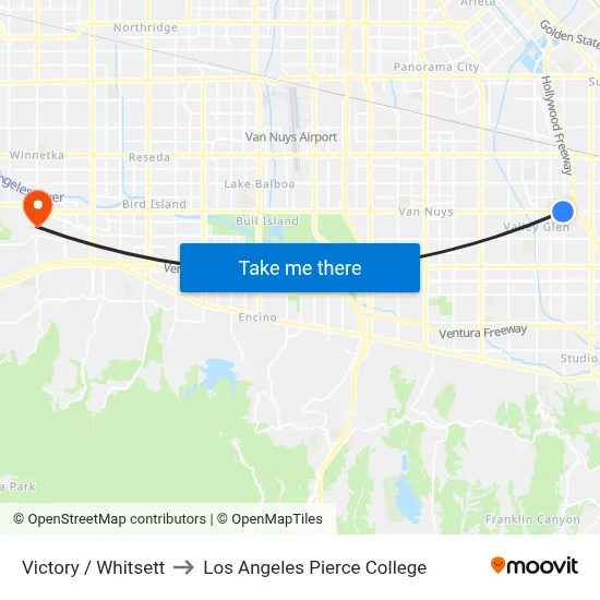 Victory / Whitsett to Los Angeles Pierce College map