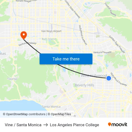 Vine / Santa Monica to Los Angeles Pierce College map