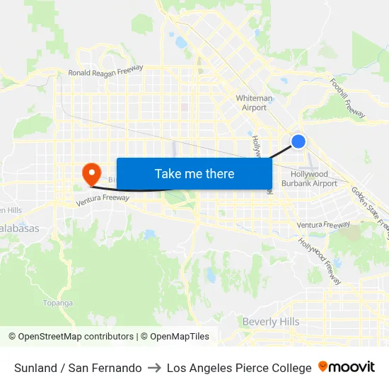 Sunland / San Fernando to Los Angeles Pierce College map
