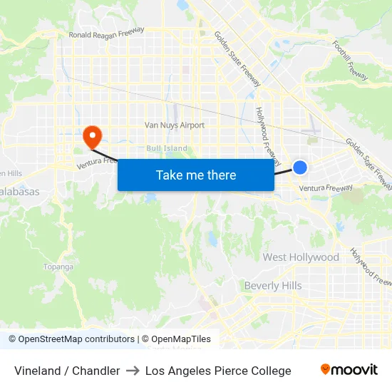 Vineland / Chandler to Los Angeles Pierce College map