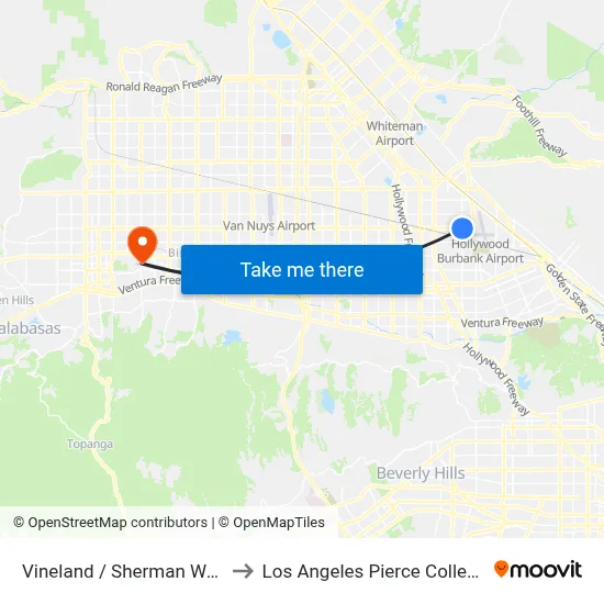 Vineland / Sherman Way to Los Angeles Pierce College map