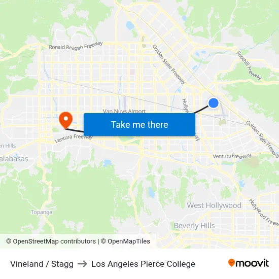 Vineland / Stagg to Los Angeles Pierce College map
