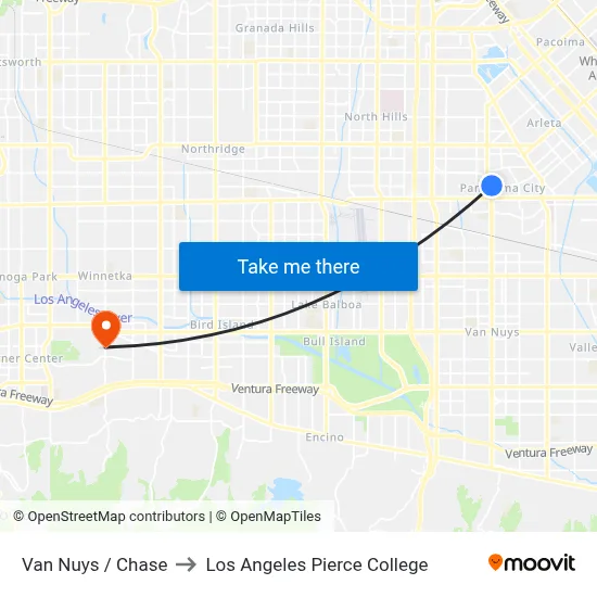 Van Nuys / Chase to Los Angeles Pierce College map