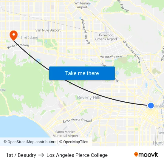 1st / Beaudry to Los Angeles Pierce College map