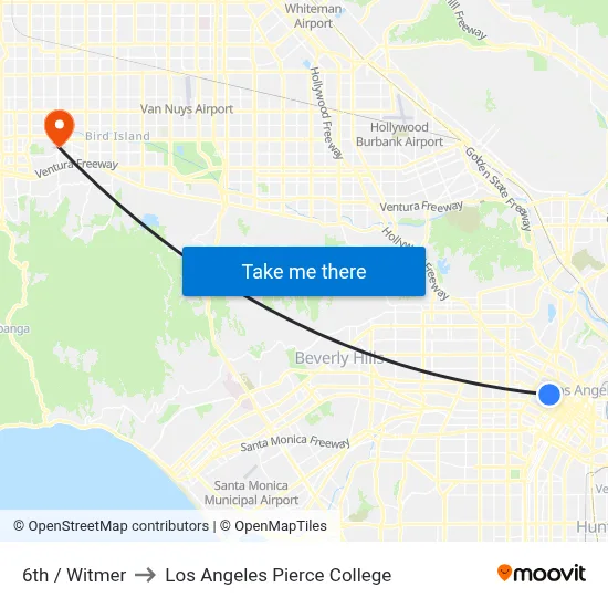 6th / Witmer to Los Angeles Pierce College map