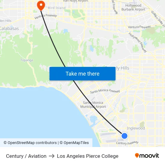 Century / Aviation to Los Angeles Pierce College map