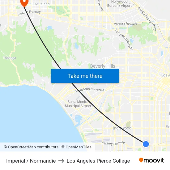 Imperial / Normandie to Los Angeles Pierce College map