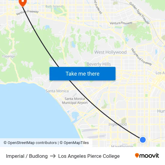 Imperial / Budlong to Los Angeles Pierce College map