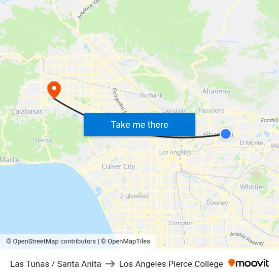 Las Tunas / Santa Anita to Los Angeles Pierce College map