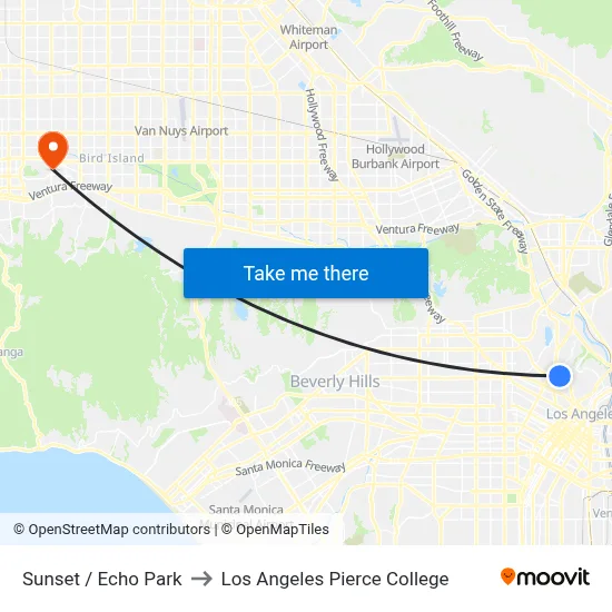 Sunset / Echo Park to Los Angeles Pierce College map