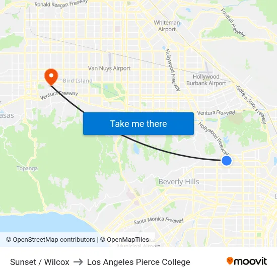 Sunset / Wilcox to Los Angeles Pierce College map