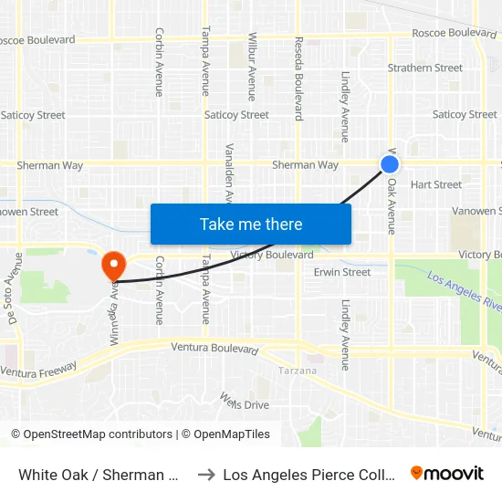 White Oak / Sherman Way to Los Angeles Pierce College map