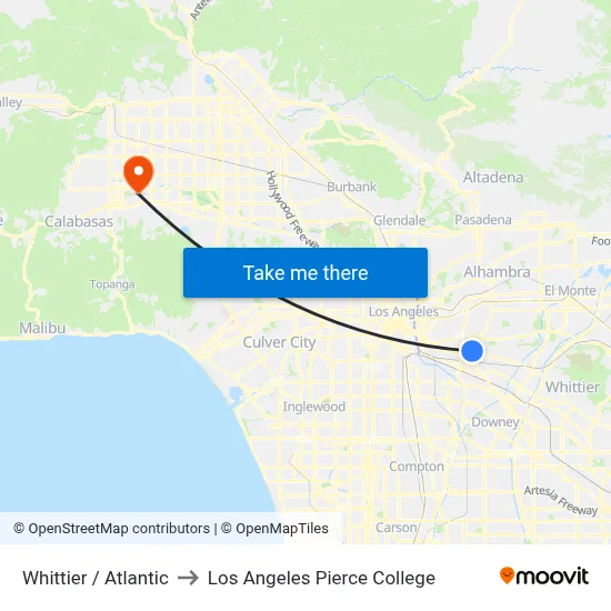 Whittier / Atlantic to Los Angeles Pierce College map