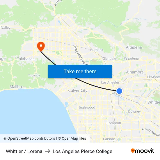 Whittier / Lorena to Los Angeles Pierce College map