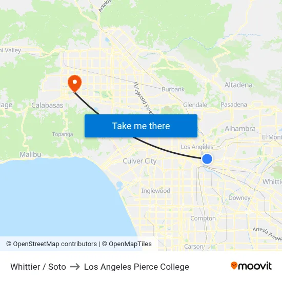 Whittier / Soto to Los Angeles Pierce College map