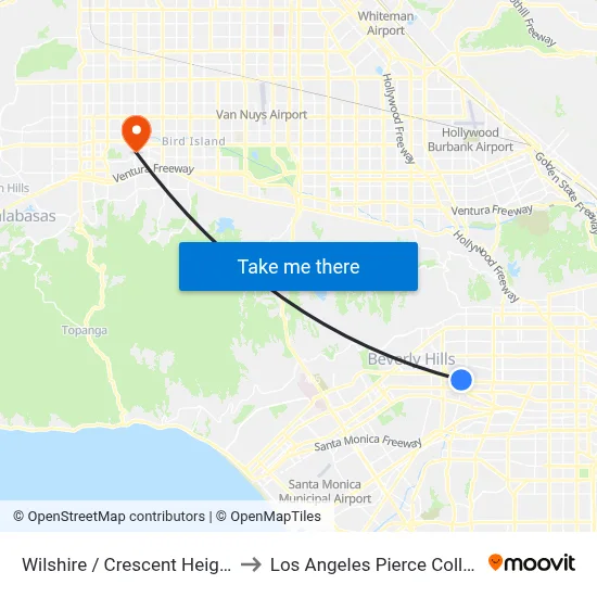 Wilshire / Crescent Heights to Los Angeles Pierce College map