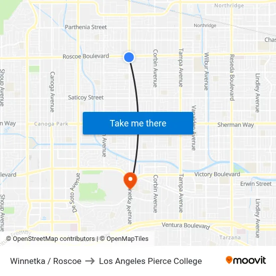 Winnetka / Roscoe to Los Angeles Pierce College map