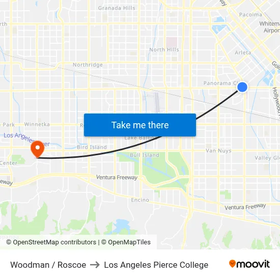 Woodman / Roscoe to Los Angeles Pierce College map