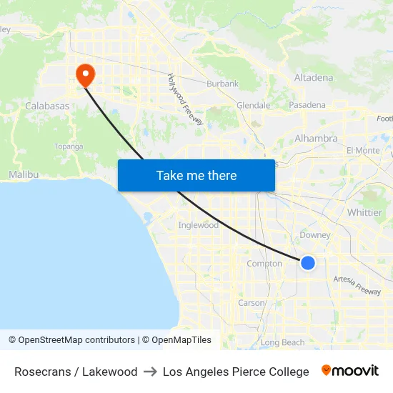 Rosecrans / Lakewood to Los Angeles Pierce College map