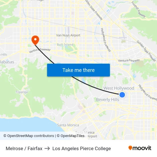 Melrose / Fairfax to Los Angeles Pierce College map