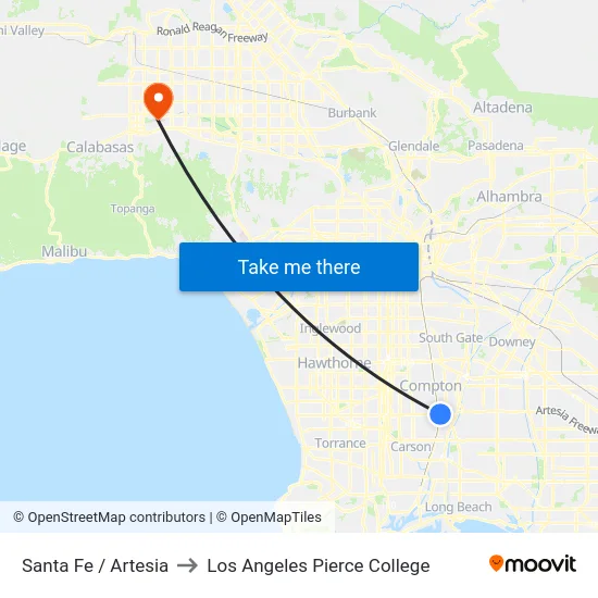 Santa Fe / Artesia to Los Angeles Pierce College map