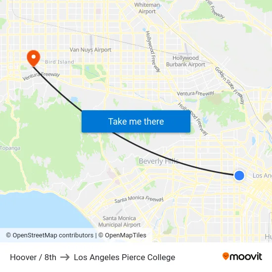Hoover / 8th to Los Angeles Pierce College map