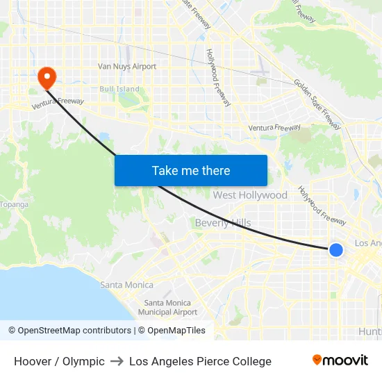 Hoover / Olympic to Los Angeles Pierce College map