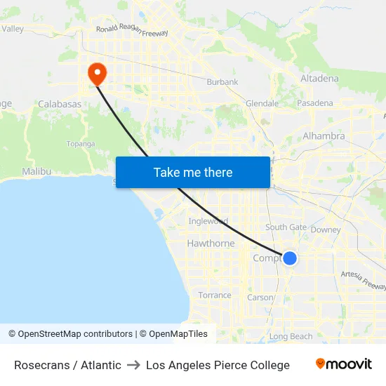 Rosecrans / Atlantic to Los Angeles Pierce College map