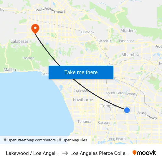 Lakewood / Los Angeles to Los Angeles Pierce College map