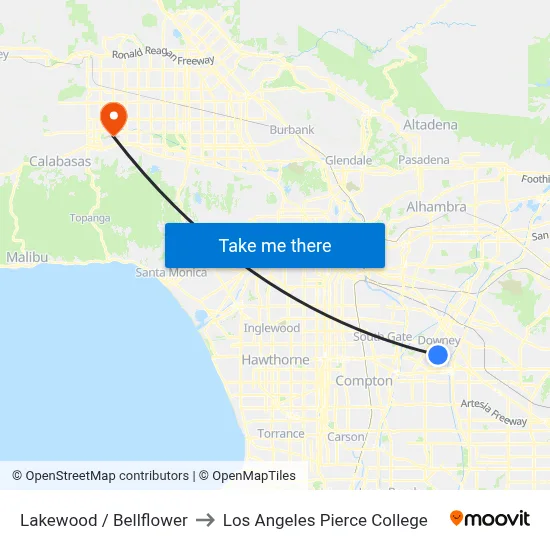 Lakewood / Bellflower to Los Angeles Pierce College map