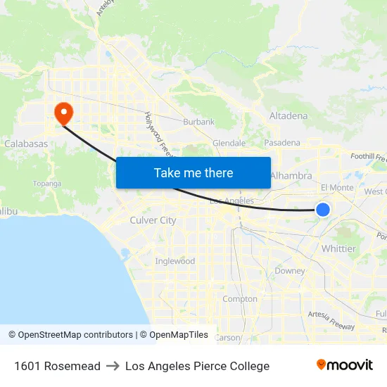 1601 Rosemead to Los Angeles Pierce College map