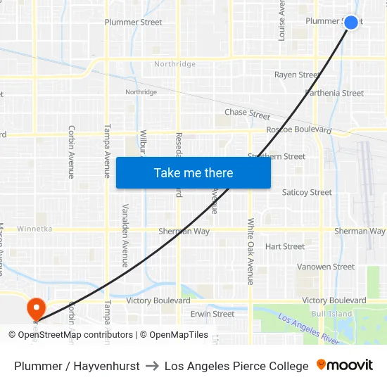 Plummer / Hayvenhurst to Los Angeles Pierce College map