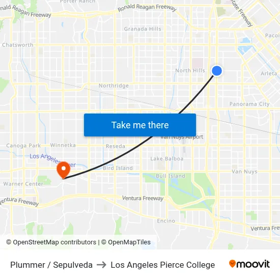 Plummer / Sepulveda to Los Angeles Pierce College map