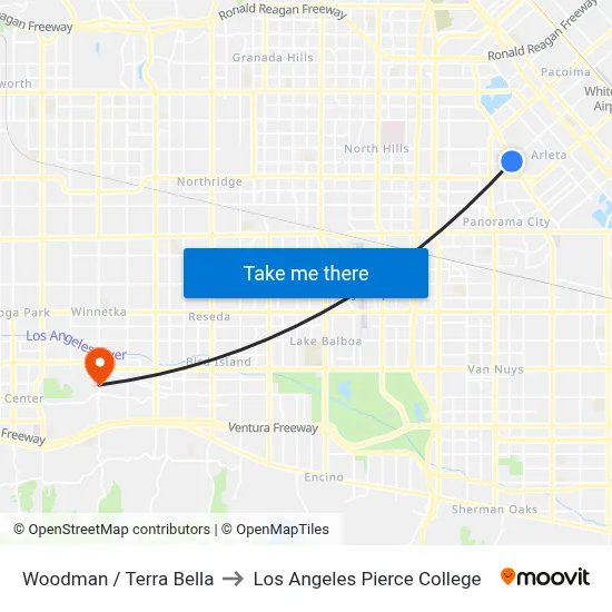 Woodman / Terra Bella to Los Angeles Pierce College map