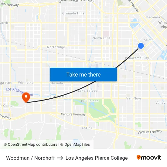 Woodman / Nordhoff to Los Angeles Pierce College map