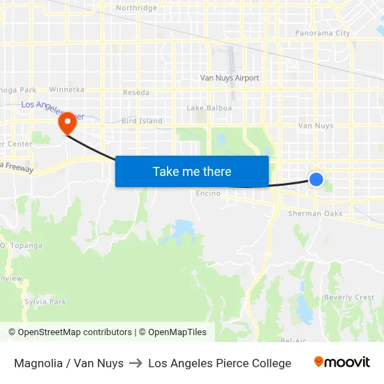 Magnolia / Van Nuys to Los Angeles Pierce College map