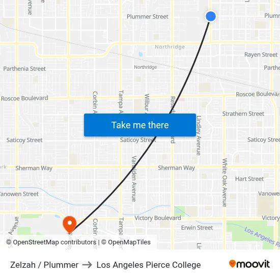 Zelzah / Plummer to Los Angeles Pierce College map