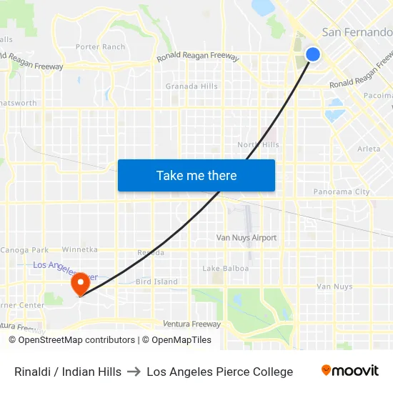 Rinaldi / Indian Hills to Los Angeles Pierce College map