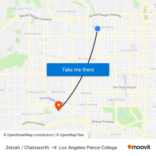 Zelzah / Chatsworth to Los Angeles Pierce College map