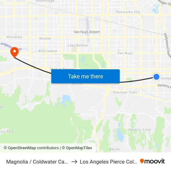 Magnolia / Coldwater Canyon to Los Angeles Pierce College map