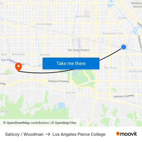 Saticoy / Woodman to Los Angeles Pierce College map