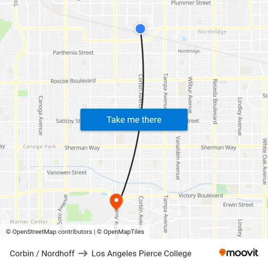 Corbin / Nordhoff to Los Angeles Pierce College map