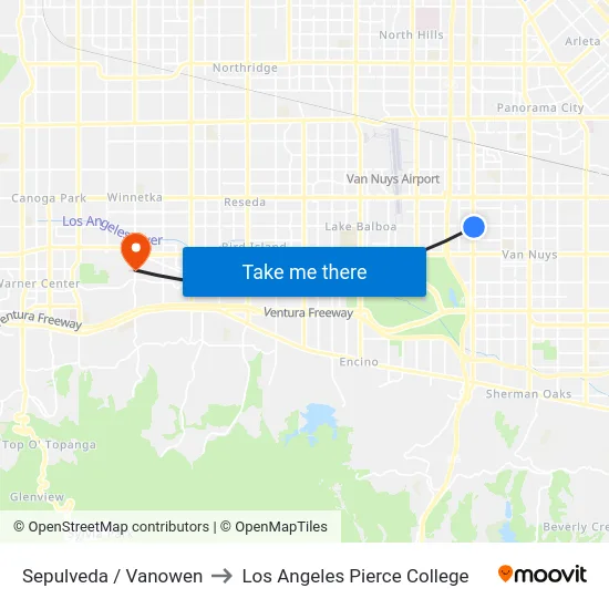 Sepulveda / Vanowen to Los Angeles Pierce College map